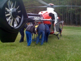 Airlift Northwest taking off from a remote landing zone in Deer Harbor.