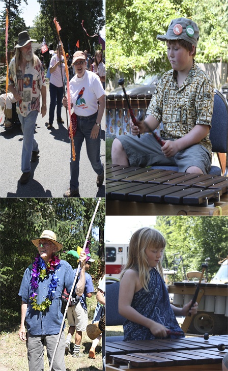 Merry paraders and marimba players.