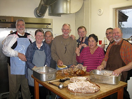 Volunteers in the kitchen last year. Bill is third from the left and Monique is third from the right.