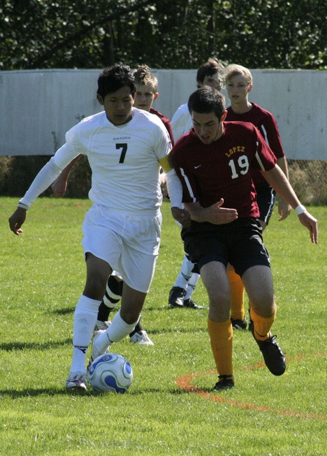 Viking Fernando Alevaro and Lobo Tahoma Wrubleski scramble for ownership of the ball at Saturday's soccer match on Orcas Island.