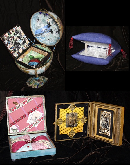 “The Search” by Shawna Franklin incorporates the wooden box inside a globe. “Pillow Talk” by Issa Parker is in the shape of a pillow with musical notes and Van Gogh's ear inside. “Think Inside the Box” by Marsha Spees showcases butterflies and colorful fabric. “Buddha Box” by Maria Papademitriou highlights the artist's Buddha images.
