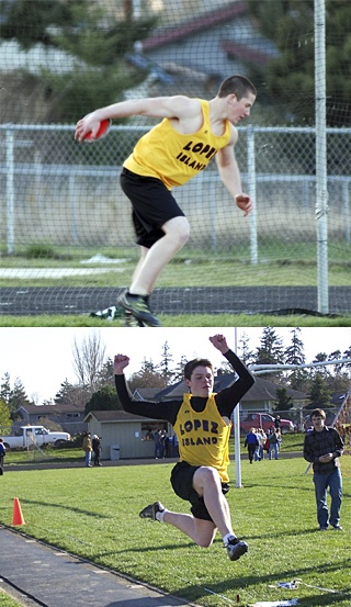Top: Discus thrower Tommy Kramer.  Above: Tre Altona reaching in the long jump.