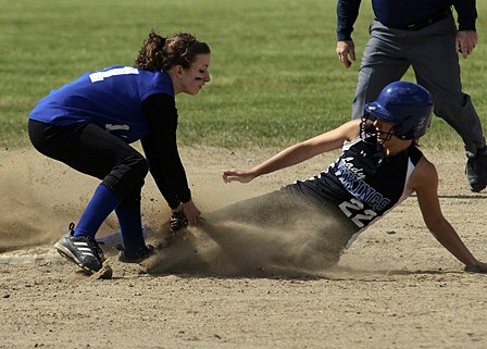 Lady Viking Kathryn Tidwell sliding safely into second for a stolen base in the game against Rainier Christian during tri-districts last week. They won