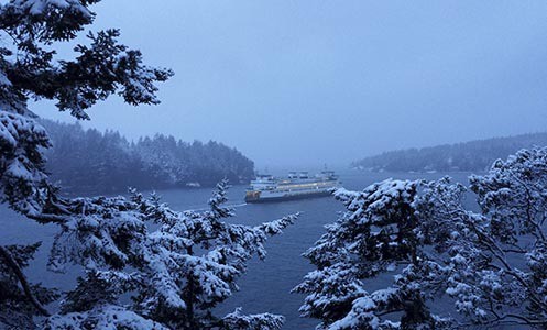 A ferry going through Obstruction Pass.