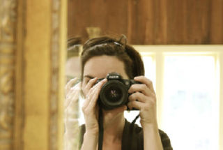 Above: A self-portrait of Nichole Proffitt. Below: a green prayer flag and a young girl holding a photo of a younger version of herself are images that reflect things that are meaningful to Nichole.