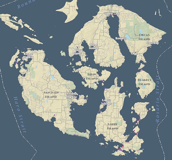 The map shows levels of tsunami inundation on the islands. Orange represents 16 - 18 feet