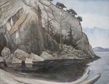 Mike Rust's original painting of Watmough Bight. Kwiáht has used data from thousands of salmon caught at the bight to develop a model of how fish adapt to changes.