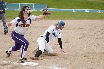 Viking Bethany Hansen slides into the plate during the Friday Harbor game on April 23.