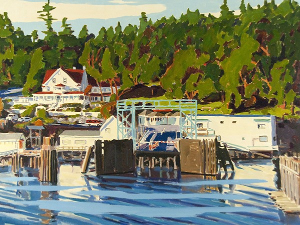 A painting of the Orcas ferry landing by David Ridgway. His show opens Aug. 1 at Crow Valley Pottery.