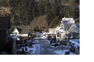 Top: A snowy Eastsound. Hawk Armstrong photo. Left: A fallen tree on the home of Tom and Donna Wildman-Gossett. Tom Wildman-Gossett photo. Rich Harvey (r) of the Orcas Fire Deparment and his brother Rob Harvey (l)