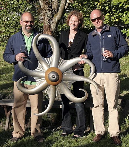 Will and Eleanor Parks and Doug Charles of Compass wines with the Todd Spalti original octopus sculpture.
