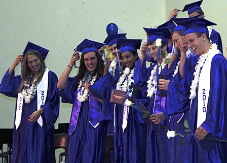 Some of the Orcas High School seniors preparing to turn over their tassels and throw off their caps.