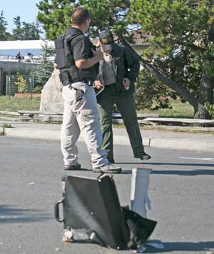 The remains of a briefcase that prompted the evacuation of a Friday Harbor grocery store Saturday because sit in the middle of Market Street.
