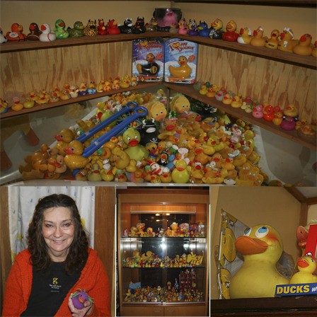 Top: Tani Brewer's Flaherty Hill Flying Circus Ducks  Left: Tani Brewer with one of her favorite ducks Middle: A recent display at the library.