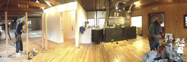 A panorama of progress in the Artworks building. On the right is the new café area and double doors out to back deck