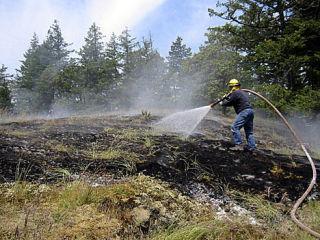 Capt. Rick Anda mopped up the last hot spots at the Sedum Hill brush fire