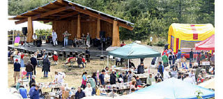 Booklovers range freely throughout the Friends of the Library Book Fair (foreground) while the local band