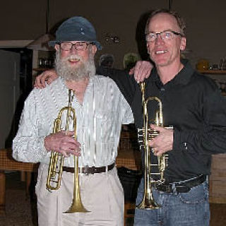 Veteran jazzman Willie Thomas (left) and friend and fellow trumpeter Steve Alboucq.