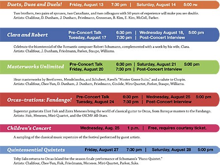 The 2010 Orcas Island Chamber Music Festival schedule.