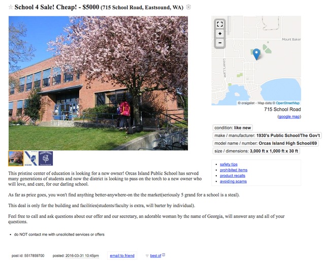 Orcas Island School listed for sale on Craigslist
