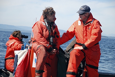 NOAA scientist Brad Hanson and Hedrick Smith in “mustang” suits.