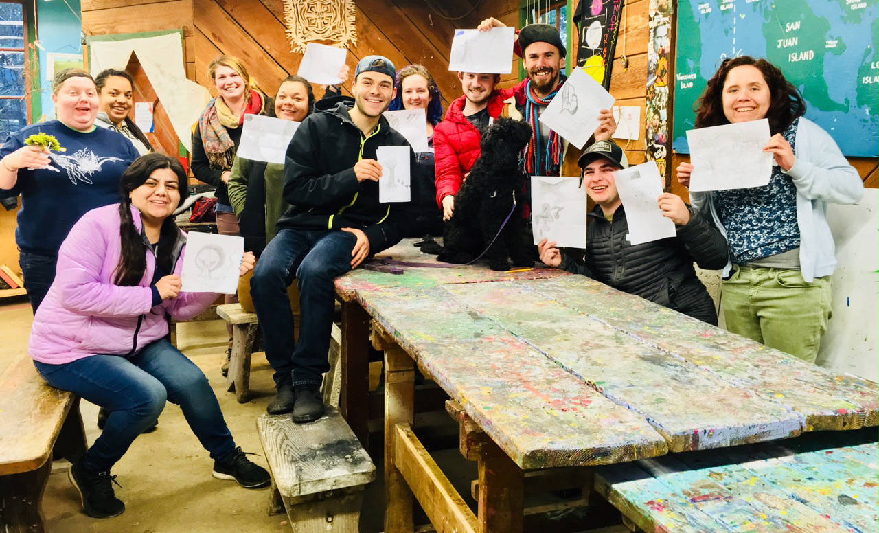 Camp Orkila staff works with artist Susan Slapin