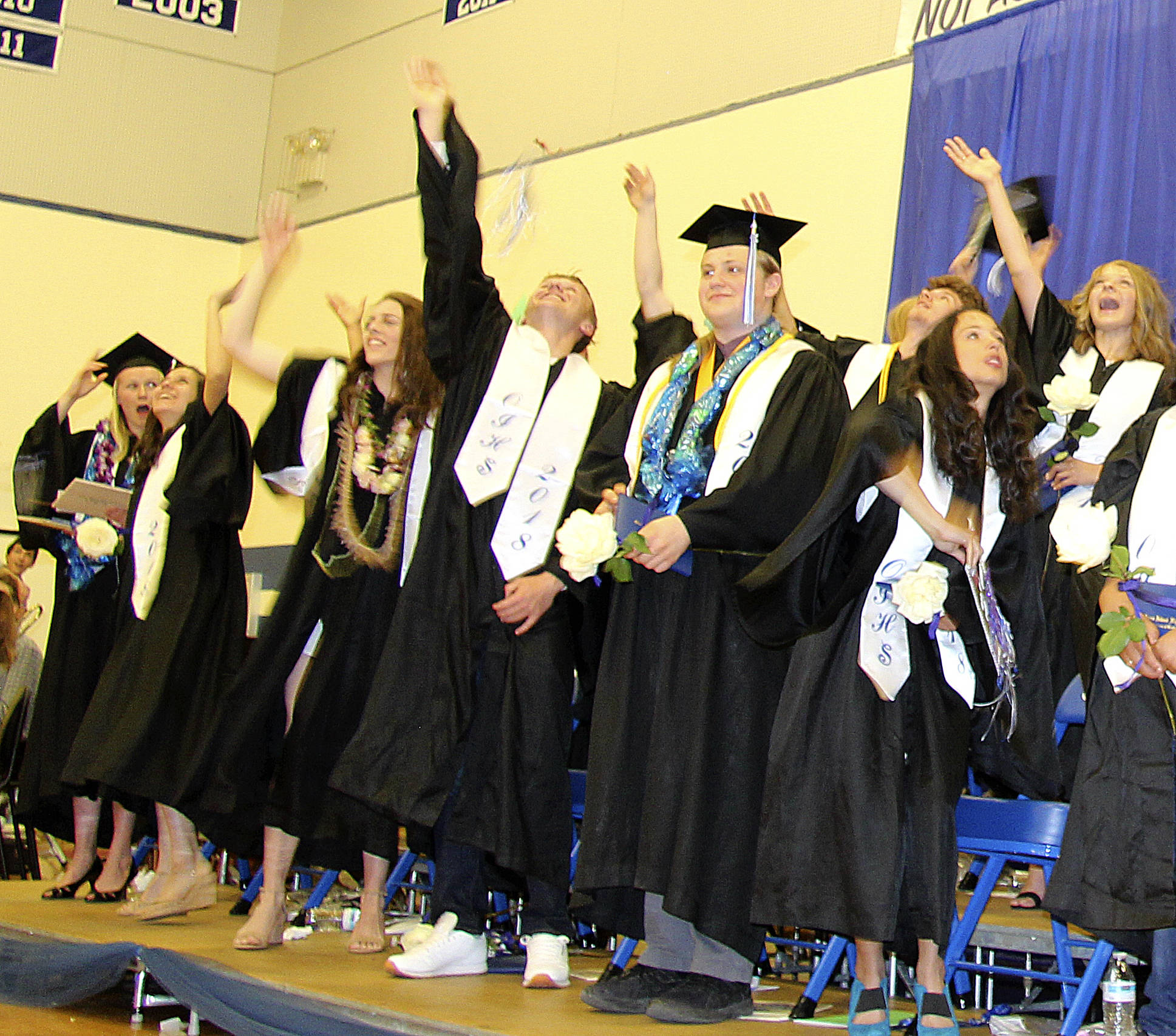 Colleen Smith Armstrong/staff photo                                The 2018 Orcas Island High School graduating class celebrates receiving their diplomas by throwing off their caps.