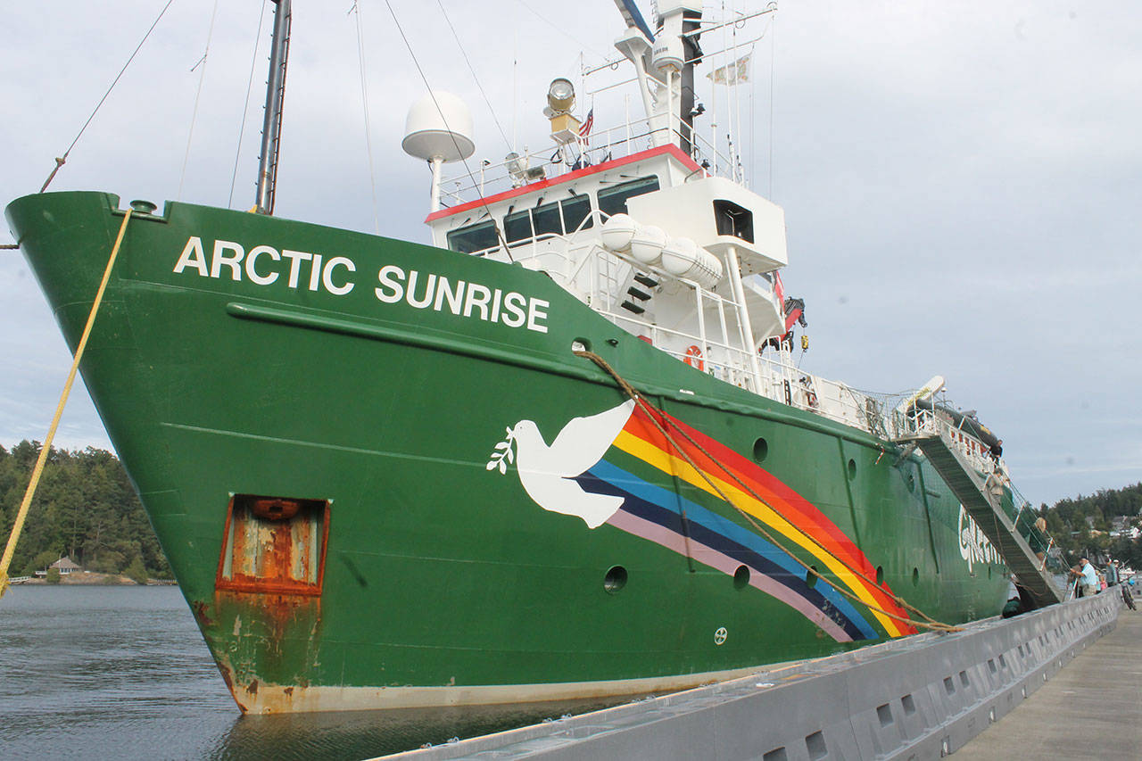 Staff photo/Heather Spaulding                                Greenpeace ship Arctic Sunrise stops at the Port of Friday Harbor while campaigning against the Canadian Trans Mountain Pipeline.