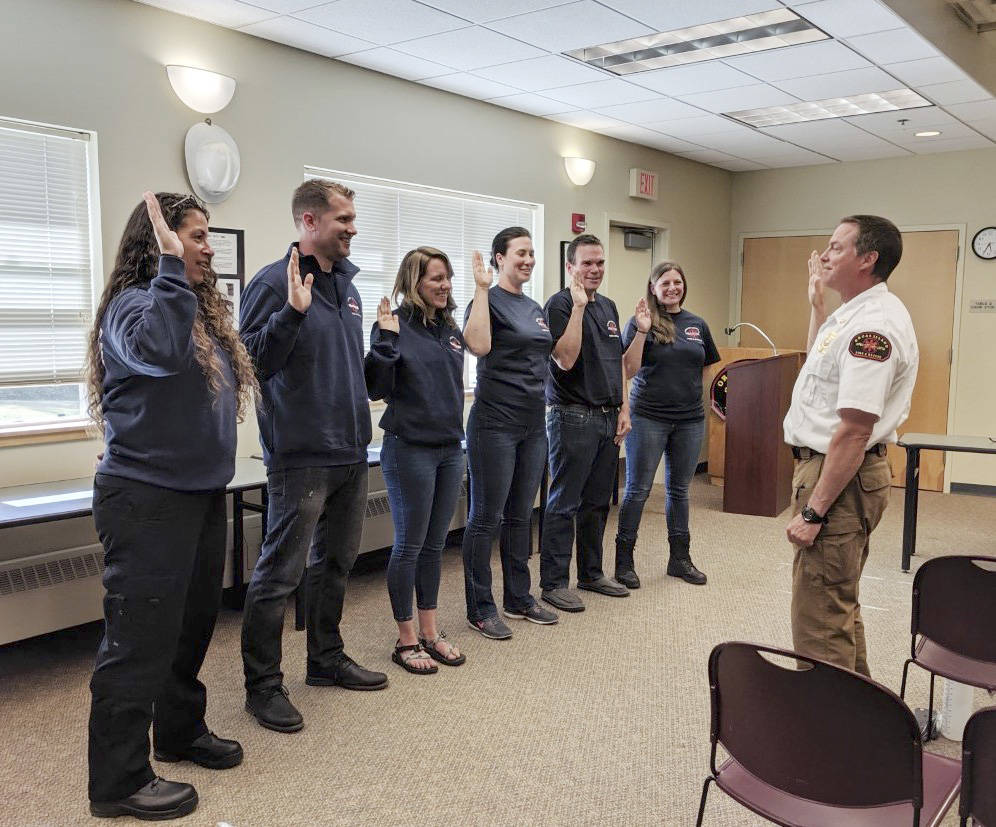 Contributed photo                                Left to right are new firefighters Micki Nichols, Locket Goodrich, Brittney Maruska, La Ren Rossie, Will Marlow, and Kimberley Kimple. Not pictured are Alison Dantzler and Kasey Jo Weigley and EMT Betsy Wilson.