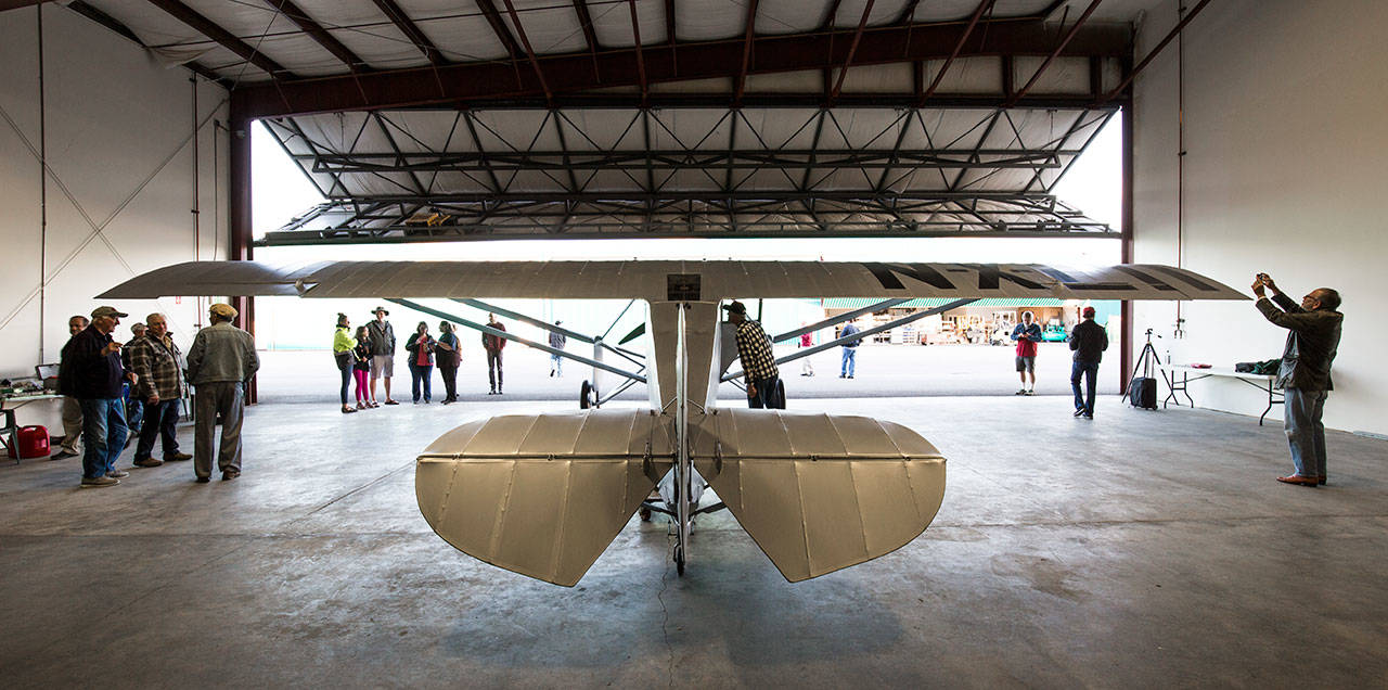 John Norman’s replica of the Spirit of St. Louis sits in the hangar at Arlington Municipal Airport on July 28. (Andy Bronson / The Herald)