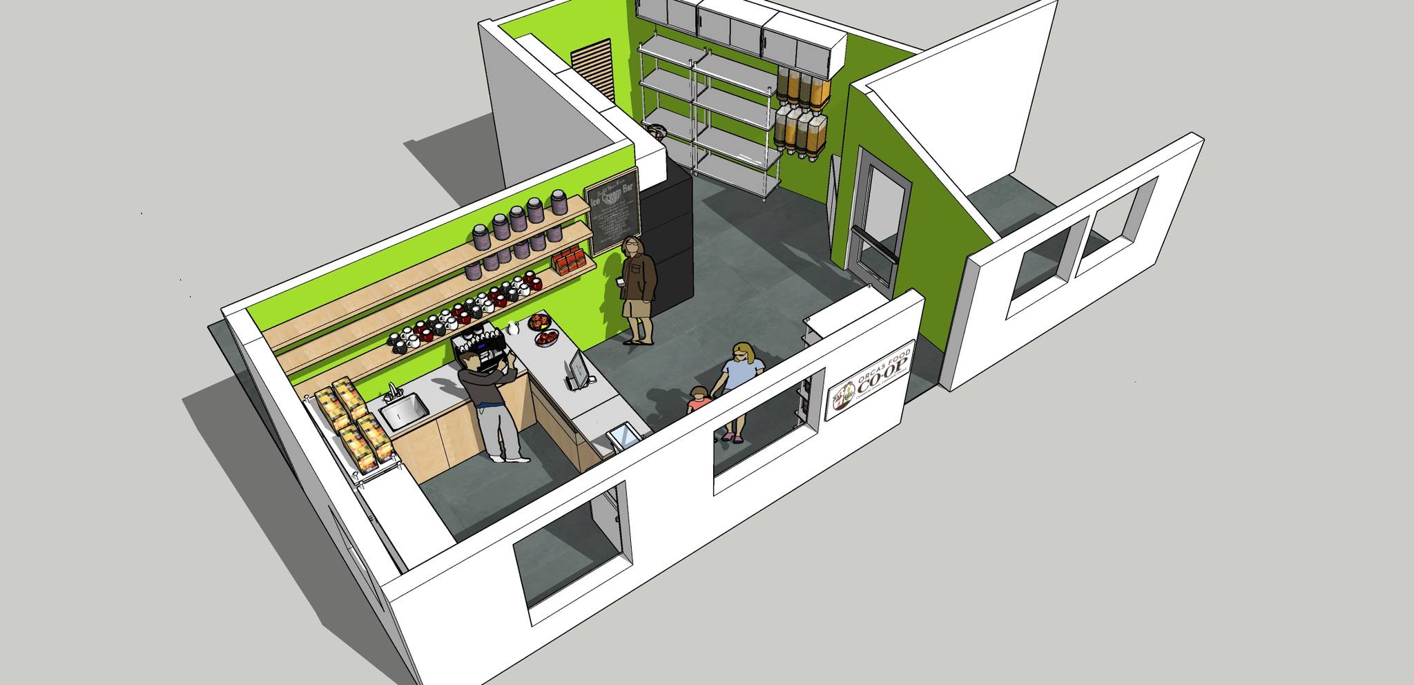 Contributed photo | Orcas Food Co-Op’s proposed rendering of remodel in the Olga Store rear apartment space. The design is in the very early stages of development.