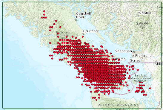 Pacific Northwest Seismic Network’s shake map screenshot from the afternoon of Feb. 8.