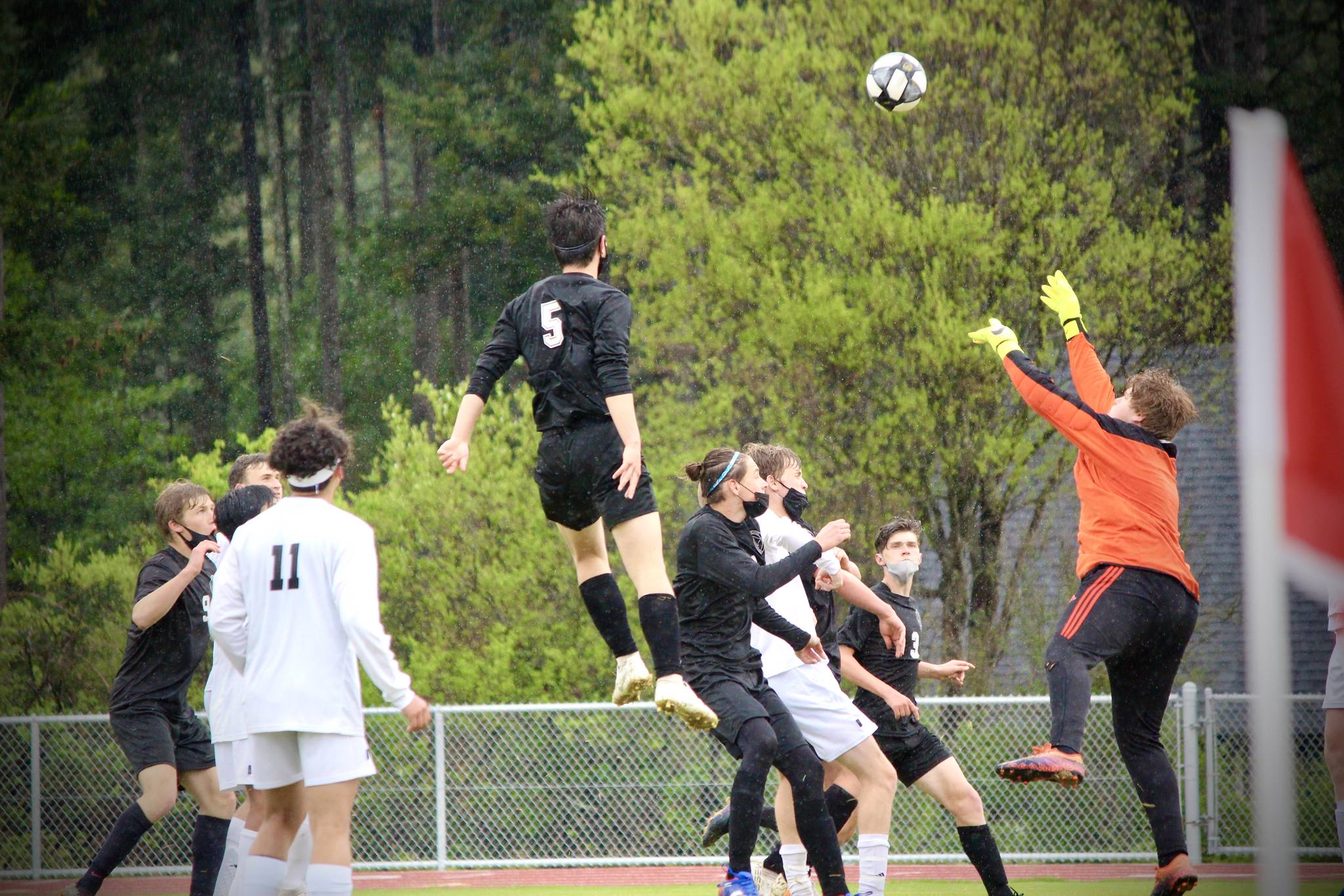 Corey Wiscomb/contributed photo
Diego Lago (5) soars into the tree tops in an attempt to head the ball into the net off a Viking corner kick.