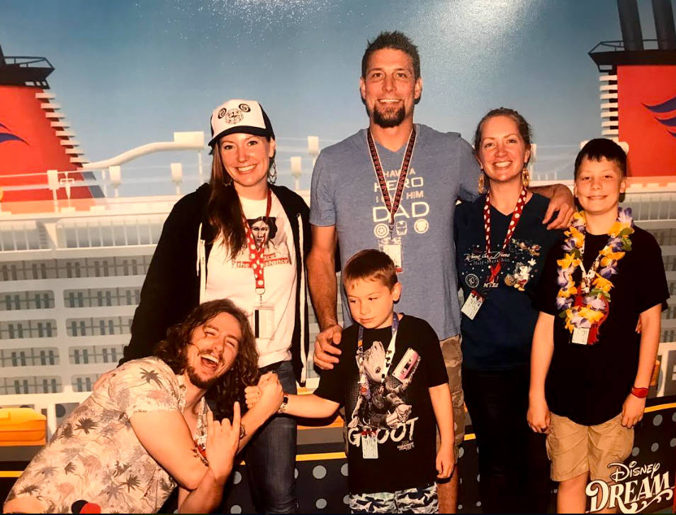 Left to right: Brian Duke, Rachel Duke, Josh and Megan Tye and their kids Lucas (in front) and Royce (right) during a trip to Disneyland.