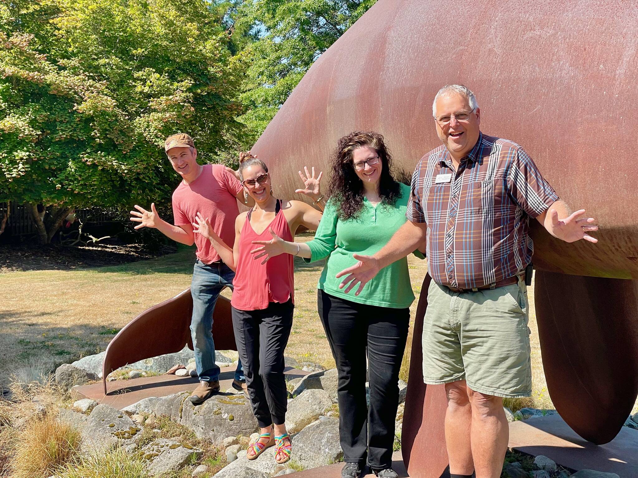 Ed Andrews photo
Left to right: Orcas Center Artistic Director Jake Perrine, Membership Director Nicole Matisse, Communications Director Bethany Marie and Executive Director Dimitri Stankevich in front of the Orcas Center whale sculpture.
