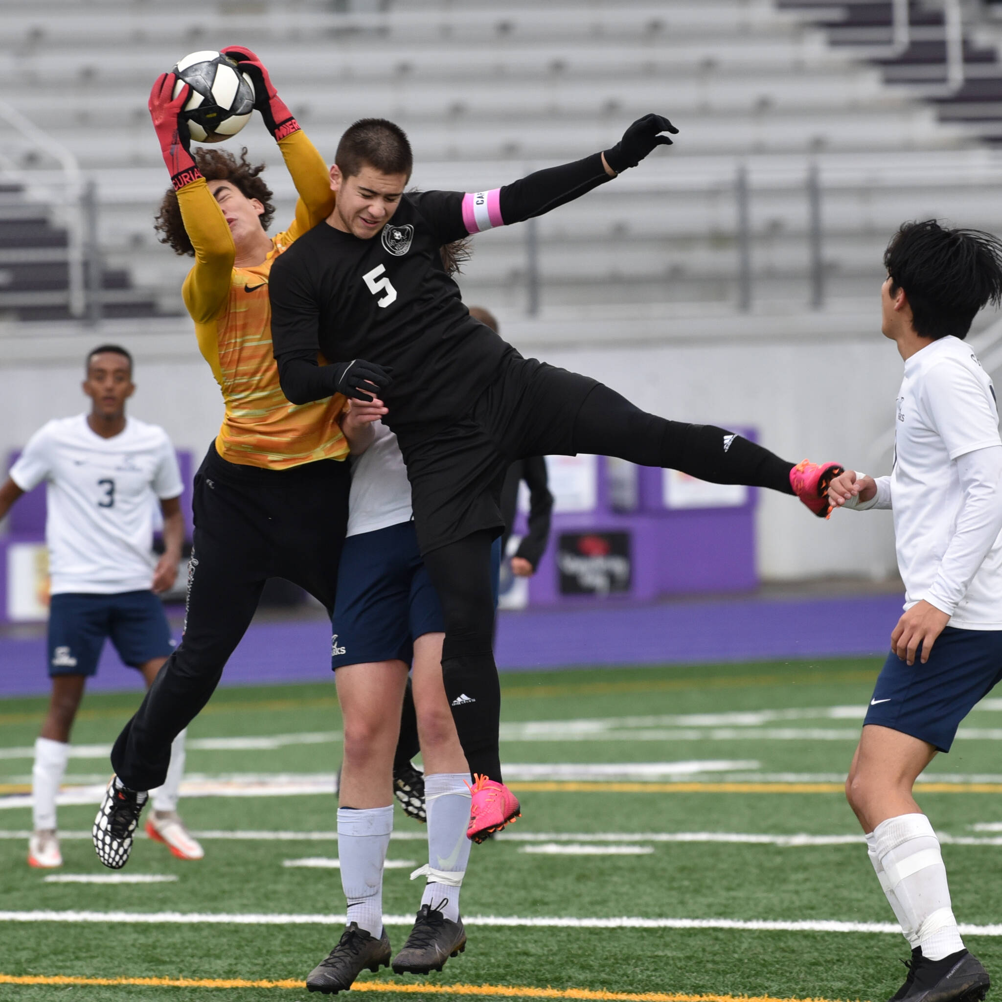 Chris Sutton photo
Junior Co-Captain Diego Lago tries to muscle one in via his hangtime on a header attempt from a corner kick. Fridays game was nothing short of physical, something the Orcas Vikings have not backed down from this year as a team.
