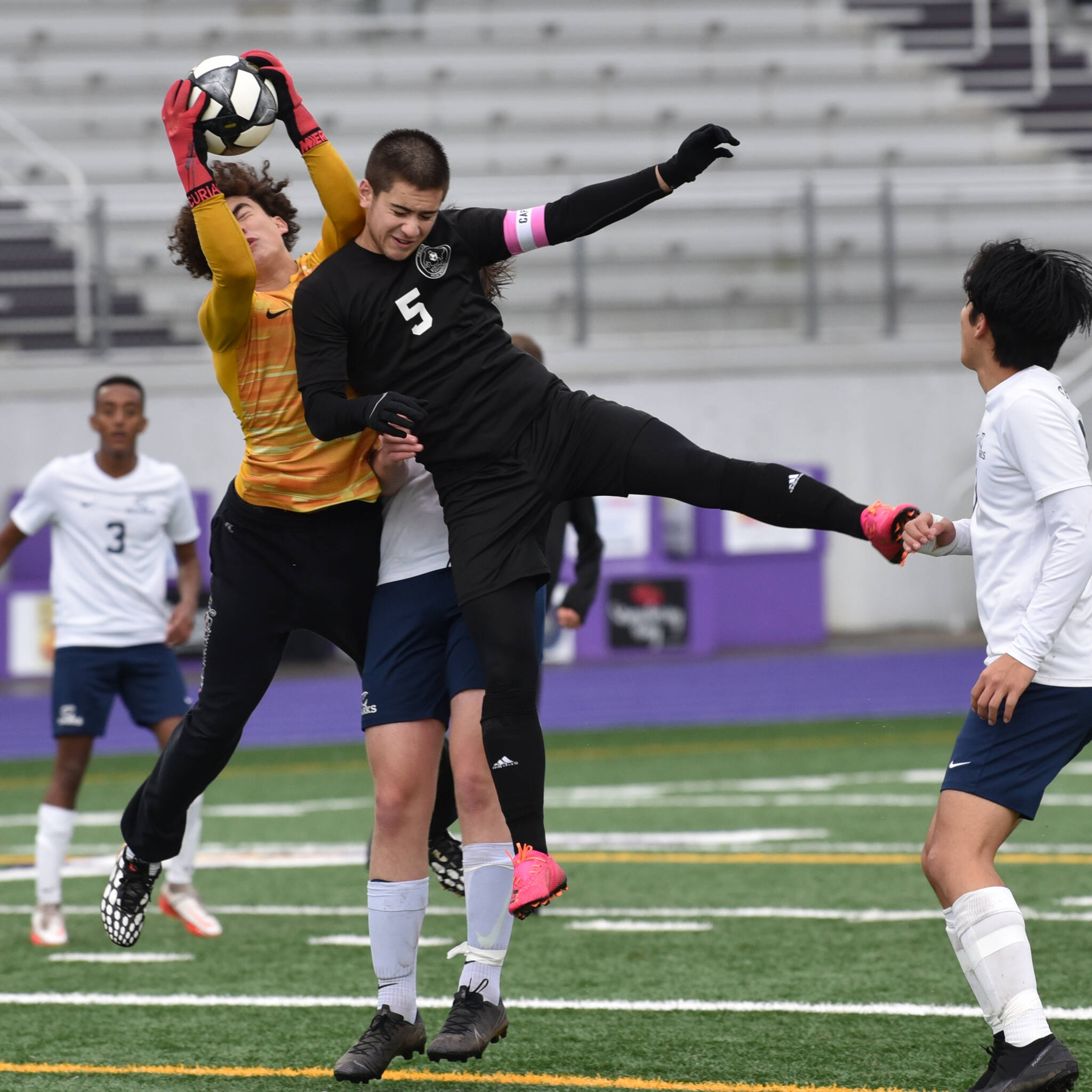 Chris Sutton photo
Junior Co-Captain Diego Lago tries to muscle one in via his hangtime on a header attempt from a corner kick. Friday’s game was nothing short of physical, something the Orcas Vikings have not backed down from this year as a team.