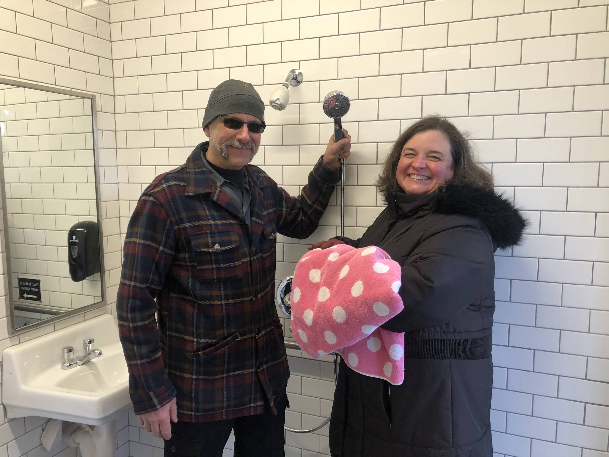 Colleen Smith/staff photo
The new bathroom and shower in the Village Green.
Colleen Smith/staff photo
Greg Sawyer & Cindy Wolf show enthusiasm for the shower.