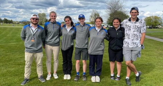 Contributed photo
The Orcas Island Vikings Golf Team. Left to right: Coach Ryan Kennedy, Bethany Carter, Paula Gutierrez Latorre, Sam Sutton, Lili Malo, Tayla Malo and Burly Hildreth at the state championship.