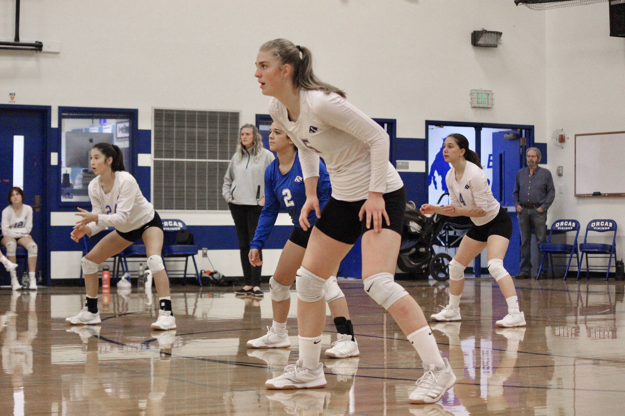 Corey Wiscomb photo
The Lady Vikings prepare to receive the serve in a game against Neah Bay in September.