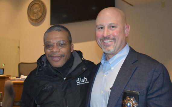 Kelley Balcomb-Bartok Staff photo
Newly Elected Sheriff Eric Peter poses with Friday Harbor Mayor Ray Jackson following his official swearing in ceremony Dec. 30 at the Superior Court courtroom.