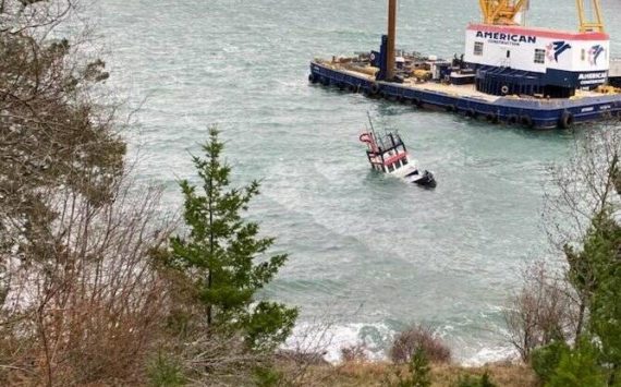 Contributed photo.
A 45’ tug boat carrying approximately 400 gallons of diesel fuel partially sank off the Lopez ferry terminal Wednesday morning.