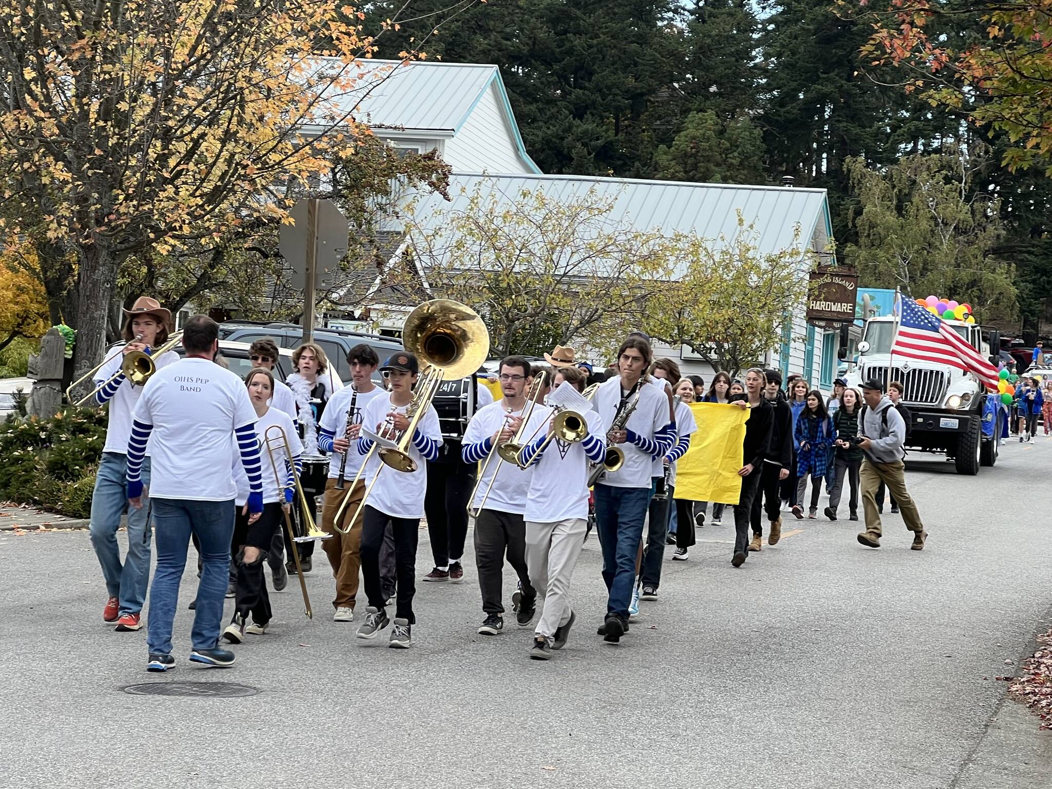 Orcas Island High School band marches in Homecoming Parade.