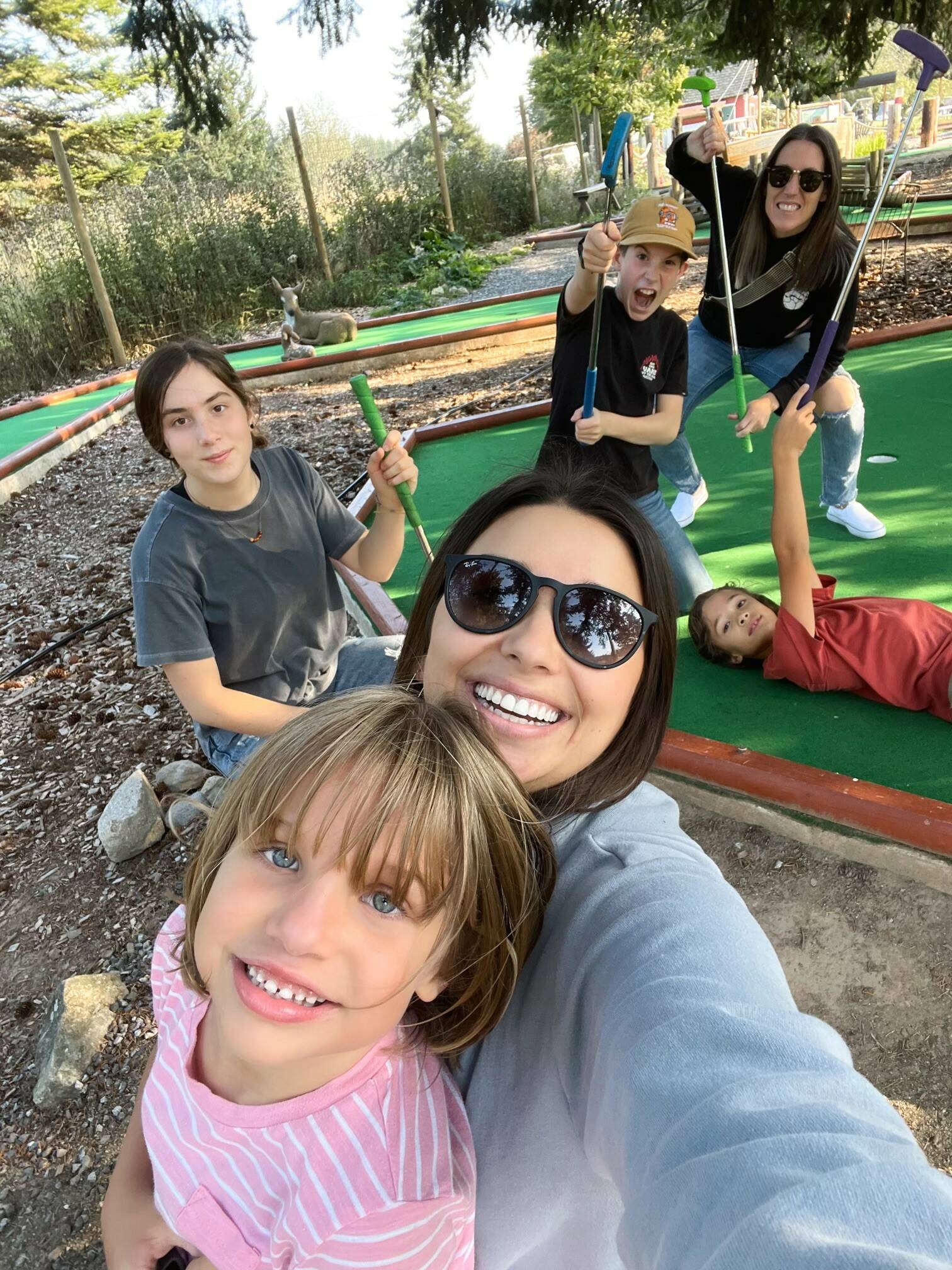 The whole family at mini golf. Front: Ellie and Sydney. Back row, left to right: Jules, Weston, Jessi and Brandon.