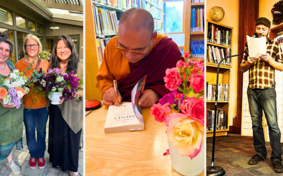 Left to right: Mother’s Day floral workshop, The Power of the Mind Tibetan Monk’s Guide and Island Voices.