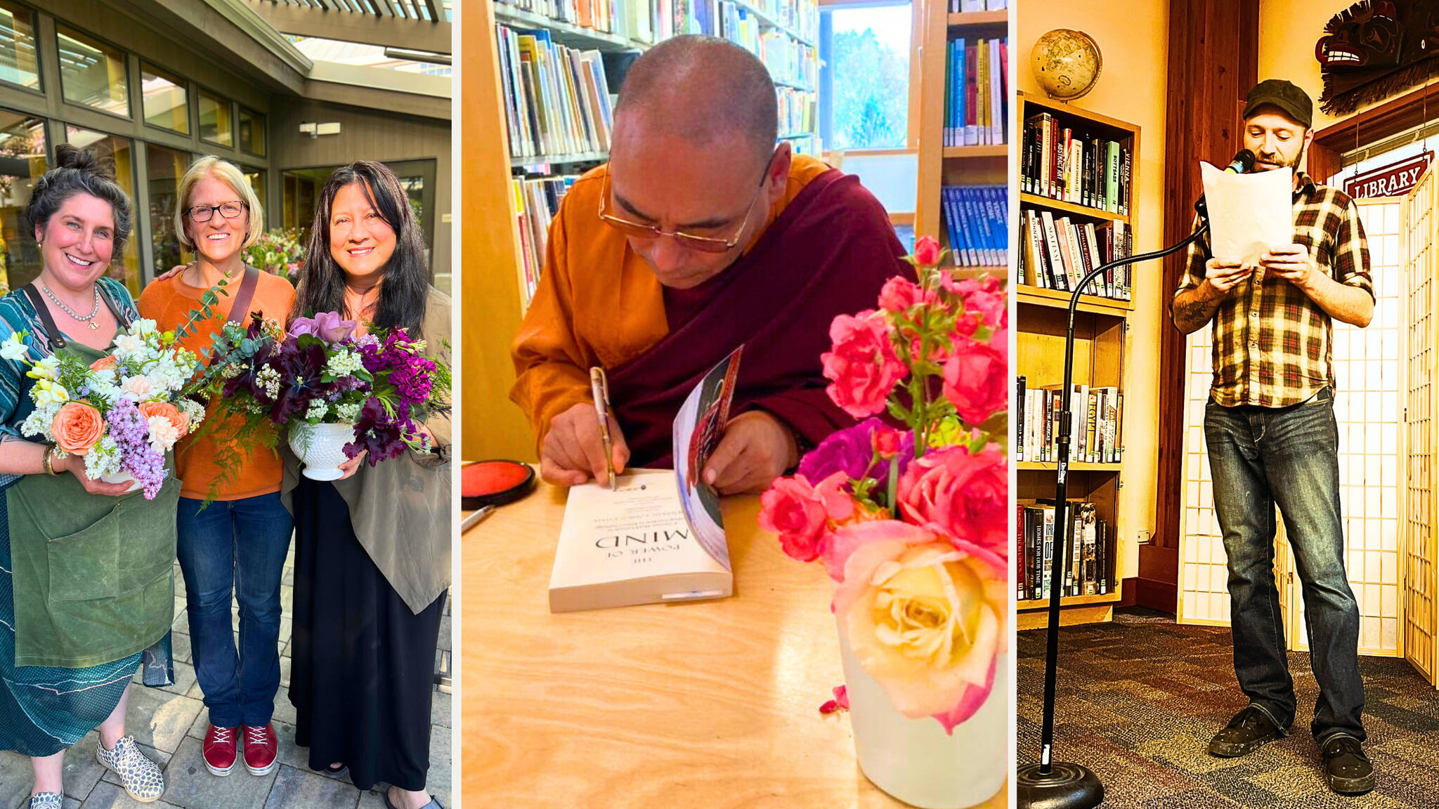 Left to right: Mothers Day floral workshop, The Power of the Mind Tibetan Monks Guide and Island Voices.