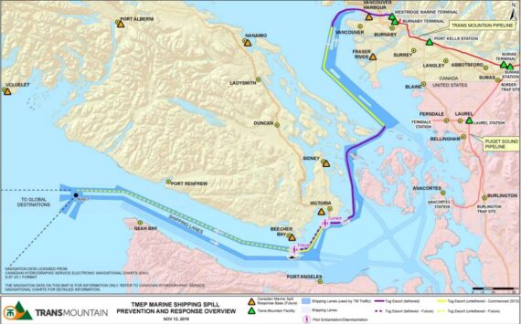 Map of Trans Mountain oil tankers’ route with current and proposed safety precautions. Credit: Trans Mountain