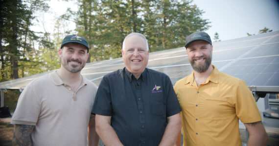 Contributed photo. Left to right: Callum McSherry (Cascadia Renewables), Dimitri Stankevich (Orcas Center) and Markus Virta (Cascadia Renewables).