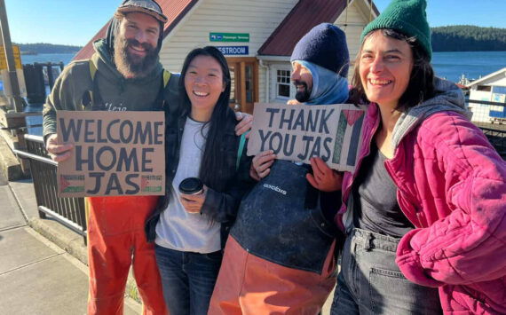 Left to right: Emmett Adam, Jasmine Ikeda, Bochay Drum and Brooke Budner after Ikeda returned to Orcas Island.
