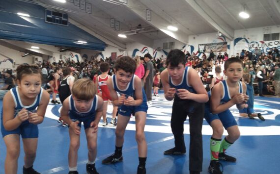Contributed photo.
Orcas Wrestlers at the Little Smackdown tournament in Sedro-Woolley. Left to right: Marianna Nuñez, Elliot Wooding, Caden McGuire-King, Weston Wooding and Dávid Nuñez.